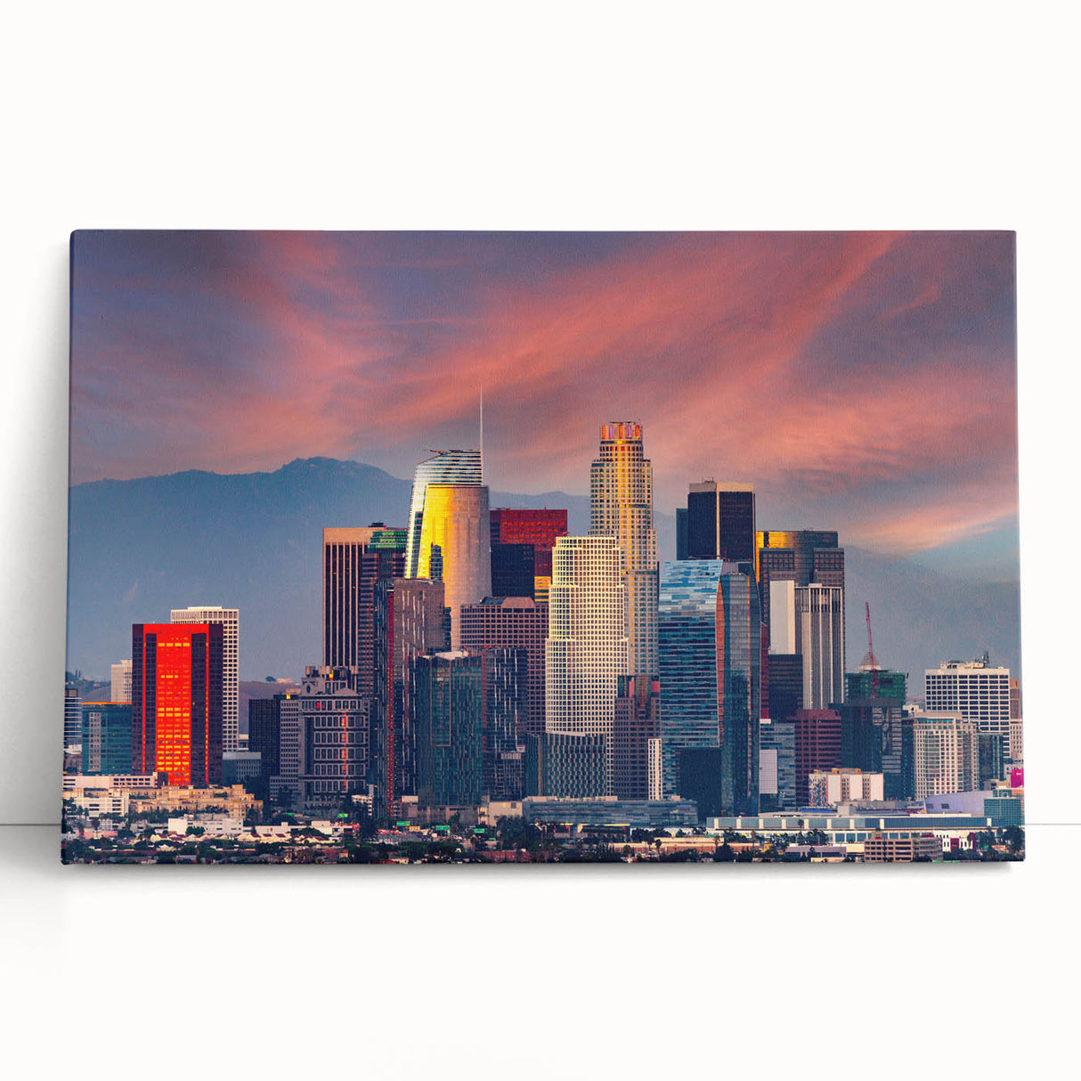 Black and white photo of Los Angeles skyline on large stretched canvas, ideal for kitchen wall art or bedroom decor.