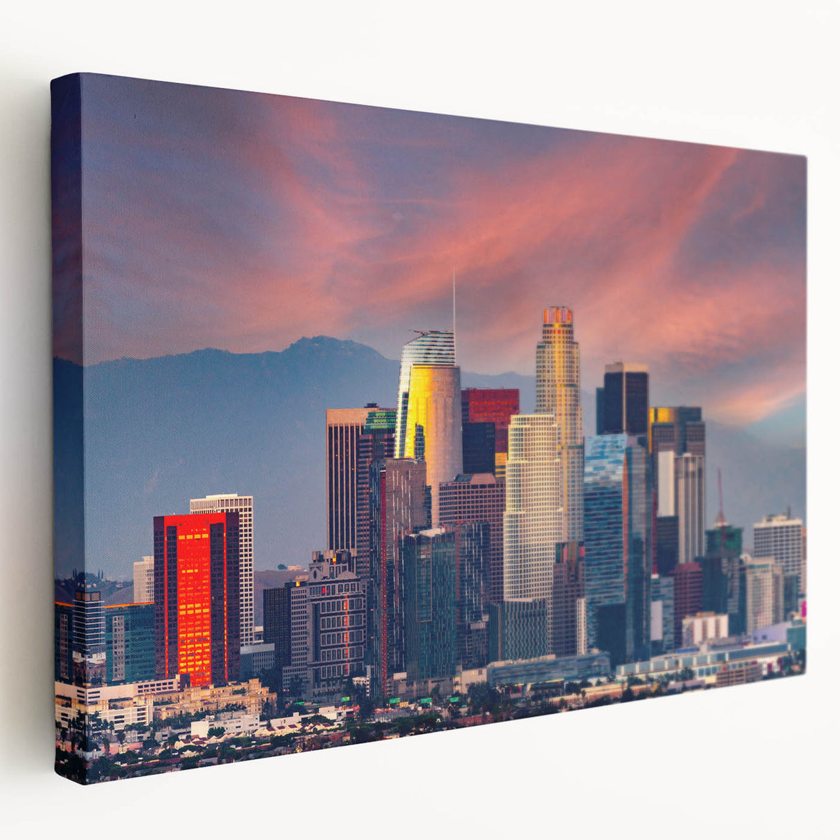 Los Angeles skyline in muted gray tones on a large stretched canvas, ideal for kitchen wall art.