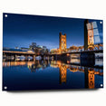 Acrylic print of Sacramento scenery in soft green and blue tones, suitable for dining room decor.