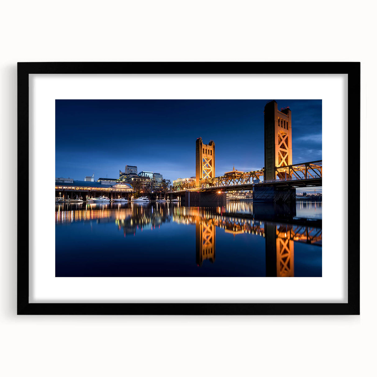 Colorful abstract art print of Sacramento scenery on a textured, extra-large canvas, framed in black.
