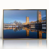 Framed acrylic print of Sacramento skyline in gold and blue tones, ideal for modern art wall decor.