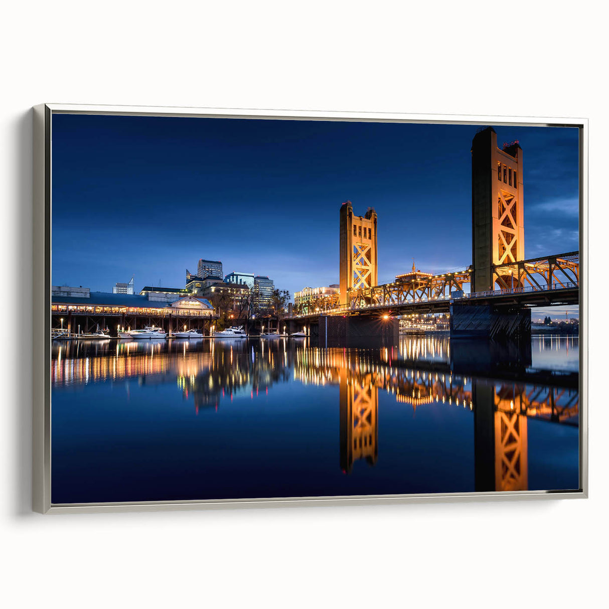 Landscape art painting of Sacramento featuring colorful art on black background in a silver-framed canvas.