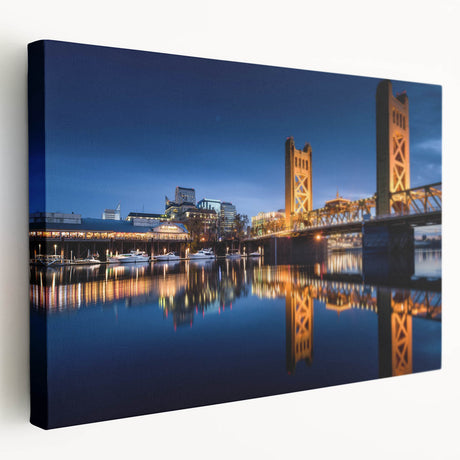 Large canvas print of Sacramento skyline in muted gray and blue tones, ideal for kitchen wall art.