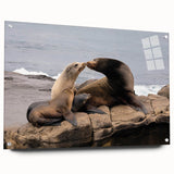 Acrylic print of a large abstract depiction of San Diego, featuring vibrant blues and greens, ideal for dining room decor.