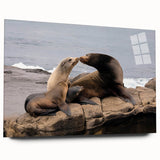 Large abstract wall art of San Diego skyline in muted blue tones on acrylic glass, ideal for bedroom or dining room decor.