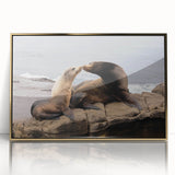 Acrylic print of San Diego skyline in gold and blue tones, framed, mid-century modernist style.