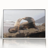 Art deco poster of the San Diego skyline in muted gray and blue tones, framed in white acrylic.