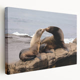 Large art depicting the San Diego skyline in muted blue tones on stretched canvas, ideal for kitchen wall decor.