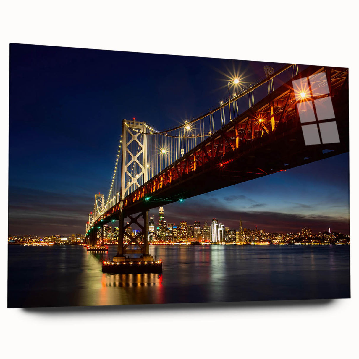 Acrylic print of San Francisco skyline in muted gray and blue tones, ideal for bedroom or dining room art.