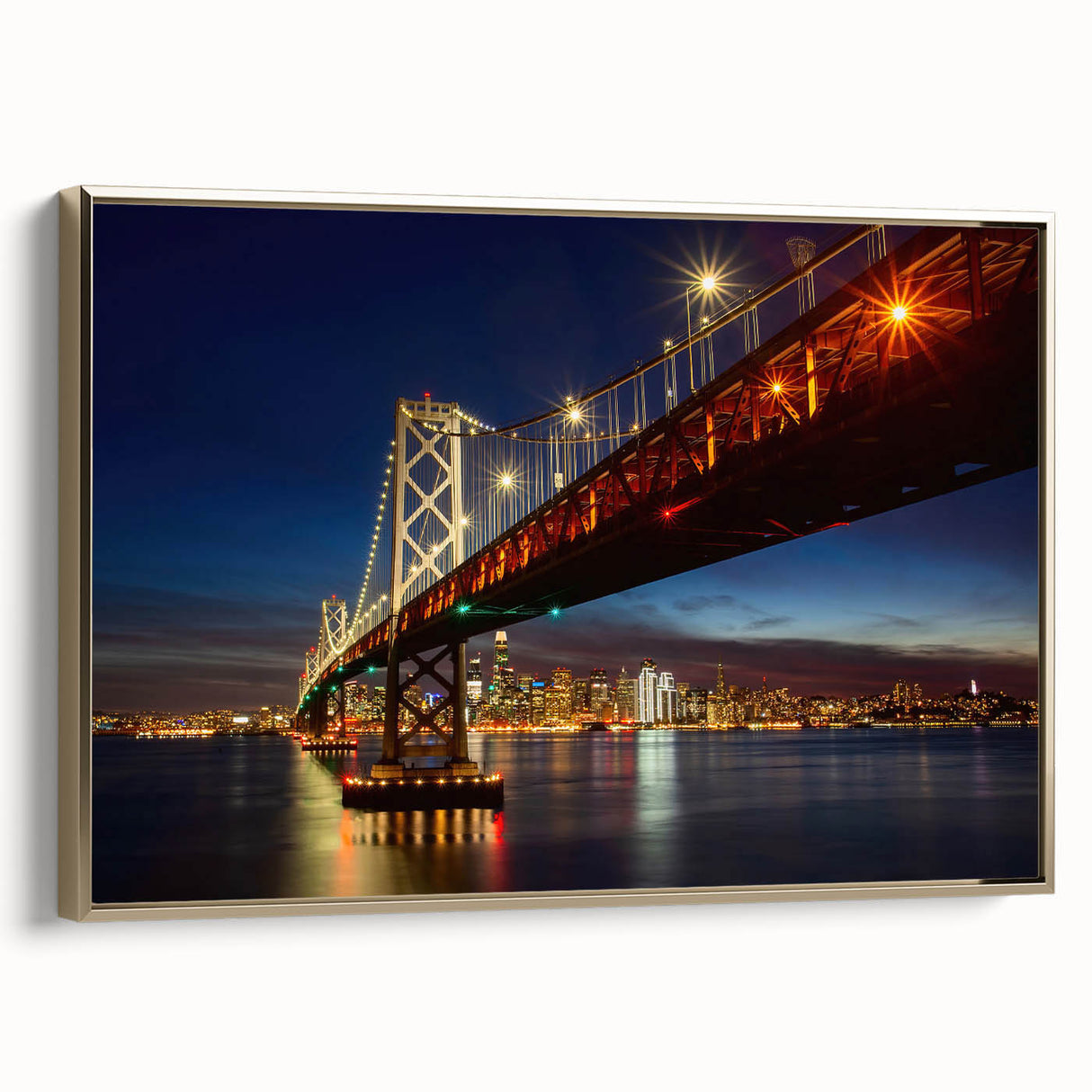 Framed canvas of San Francisco landscape in vintage poster style, with dominant black tones, ideal for bedroom wall art.