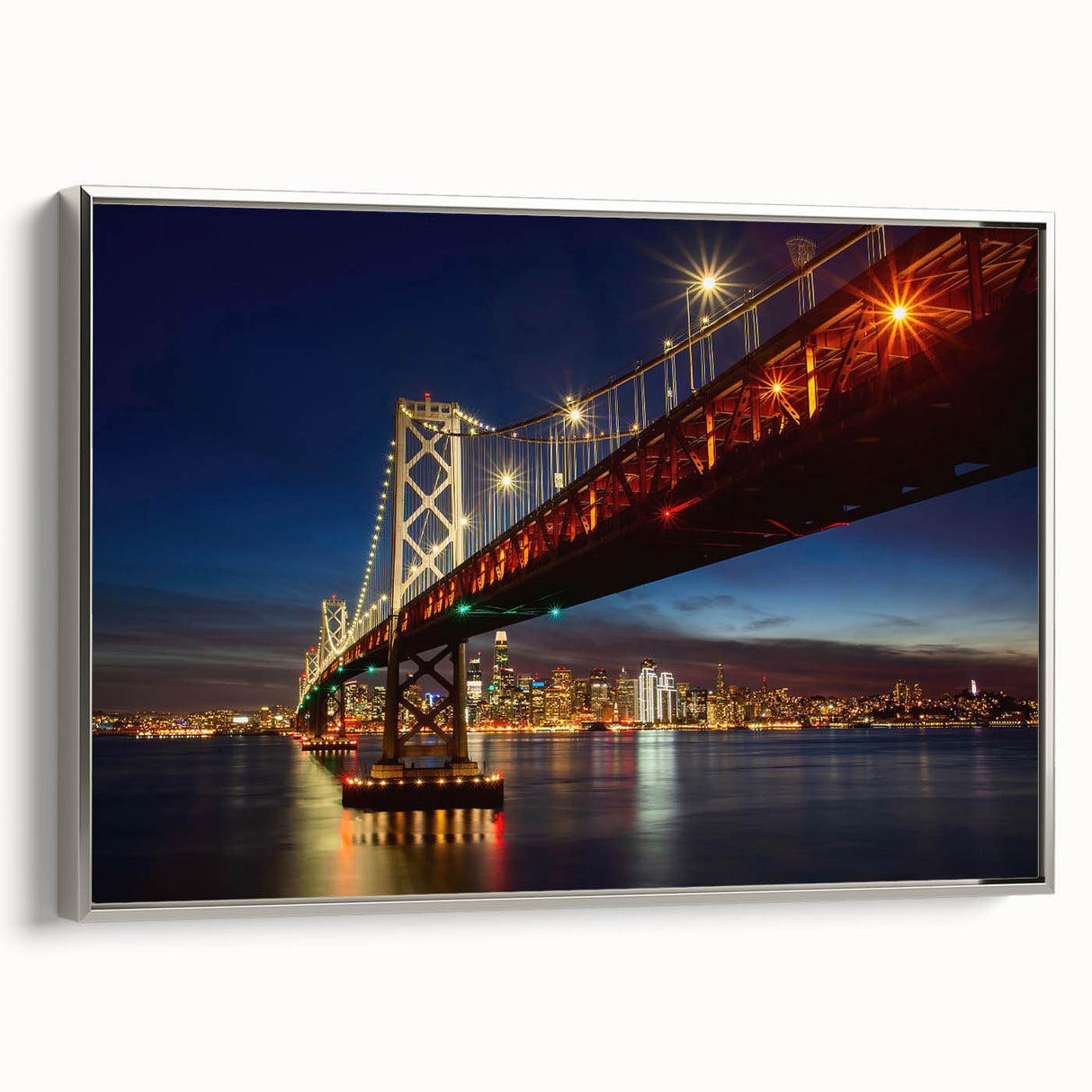 Framed canvas featuring a vintage-style landscape art painting of the San Francisco skyline.