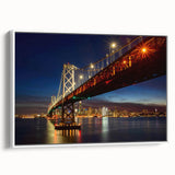 Vintage poster art of San Francisco skyline in vibrant colors on a large framed canvas, ideal for living room decor.