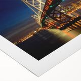 Art deco poster of San Francisco skyline in muted gold and blue tones on rolled canvas, suitable for dining room wall art.
