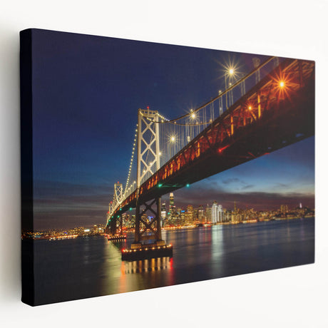A panoramic view of the San Francisco skyline in muted blue and gray tones on stretched canvas.