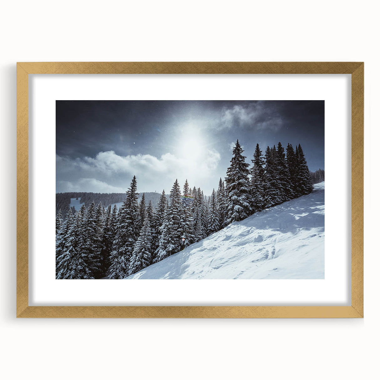 Extra large abstract art print of a textured Colorado scenery in gold frame, ideal for living room decor.