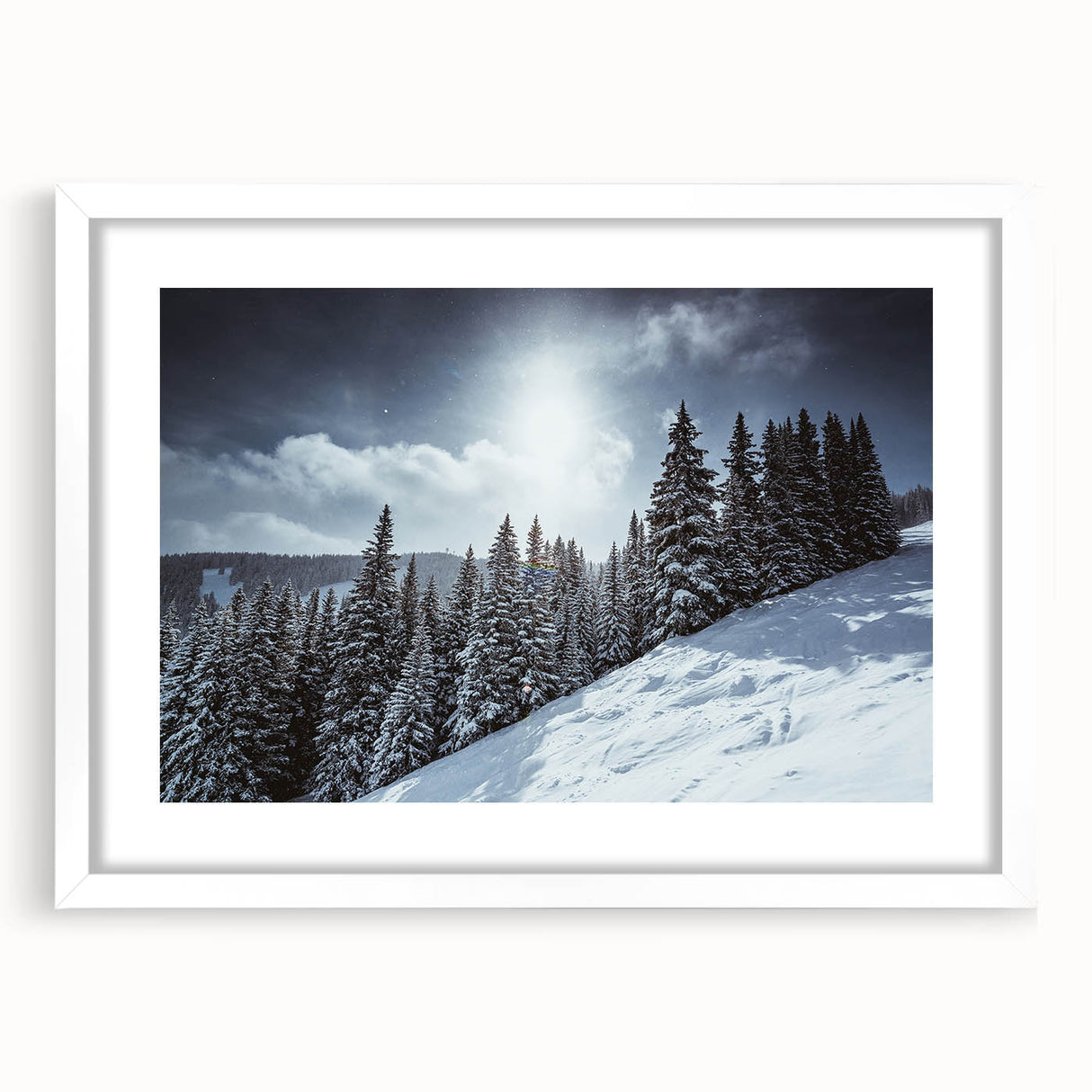 Abstract art print of Vail, Colorado in muted earth tones on a white-framed canvas.