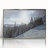 Mid-century modernist art depicting Vail, Colorado landscape in acrylic, framed in silver, suitable for nursery wall art.