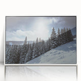 Acrylic print of Vail, Colorado landscape in art deco style with muted earth tones, framed in white.