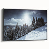 Black and white framed canvas of Vail, Colorado landscape, ideal for bedroom wall art.