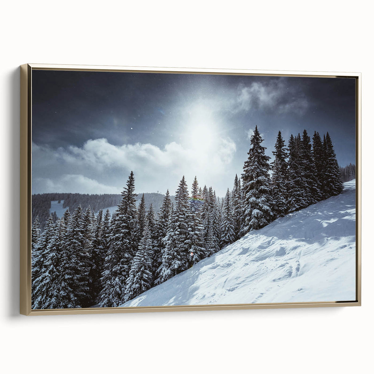 Framed canvas wall art depicting a vintage-style landscape of Vail, Colorado in gold and black tones.