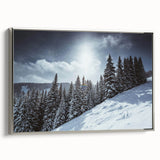 Framed canvas depicting a colorful landscape of Vail, Colorado, with a vintage poster style.