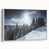 Vintage poster art of Vail, Colorado with colorful accents on a large framed canvas, suitable for living room decor.