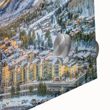 Large abstract depiction of Aspen, Colorado in muted earth tones on acrylic glass, suitable for dining room art.