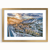 Extra large abstract art print featuring textured scenery of Aspen, Colorado, in muted earth tones, framed in gold.