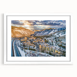 Abstract art print of Aspen, Colorado scenery in muted earth tones on a framed white mat, suitable for dining room decor.