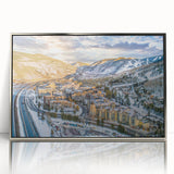 Mid-century modernist art depicting Aspen, Colorado scenery in muted earth tones on a framed acrylic panel.