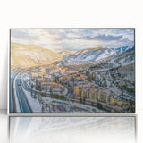 Acrylic print of Aspen, Colorado scenery in muted earth tones, framed in white, suitable as modern art wall decor.