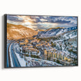 Black and white framed canvas of Aspen landscape, ideal for bedroom wall decor, featuring vintage poster art style.