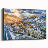 Black and white framed canvas of Aspen landscape, ideal for bedroom wall decor, featuring vintage poster art style.