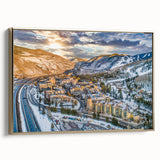 Framed canvas depicting a vintage-style landscape of Aspen, Colorado in muted gold and black tones, ideal for bedroom decor.