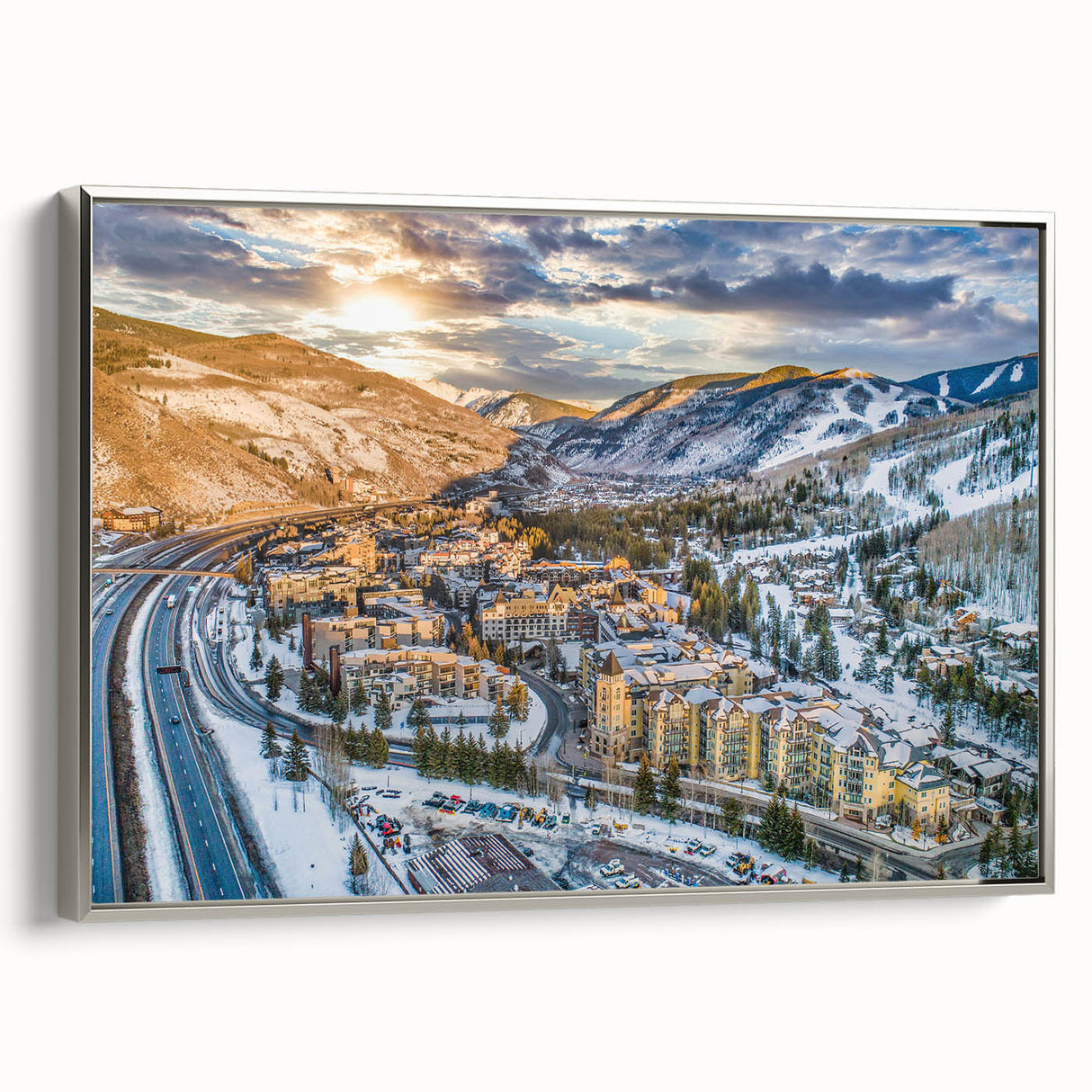 Landscape art painting of Aspen, Colorado, with colorful autumn trees on framed canvas, suitable for living room decor.