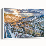 Vintage poster art of Aspen, Colorado in colorful hues on a large framed canvas, ideal for living room decor.