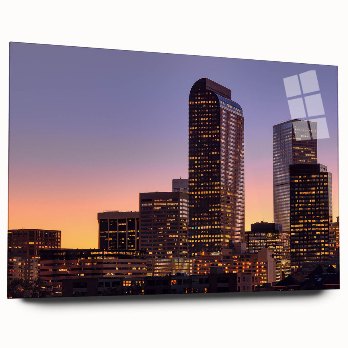 Large abstract wall art of Denver skyline in muted blue and gray tones on acrylic glass.