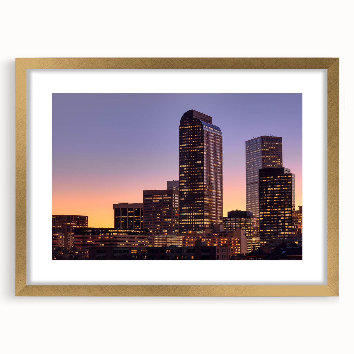 Extra large abstract art print of Denver skyline in textured gold frame, ideal for living room decor.