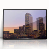 Large abstract wall art depicting Denver skyline in muted gray and blue tones, framed in black acrylic.