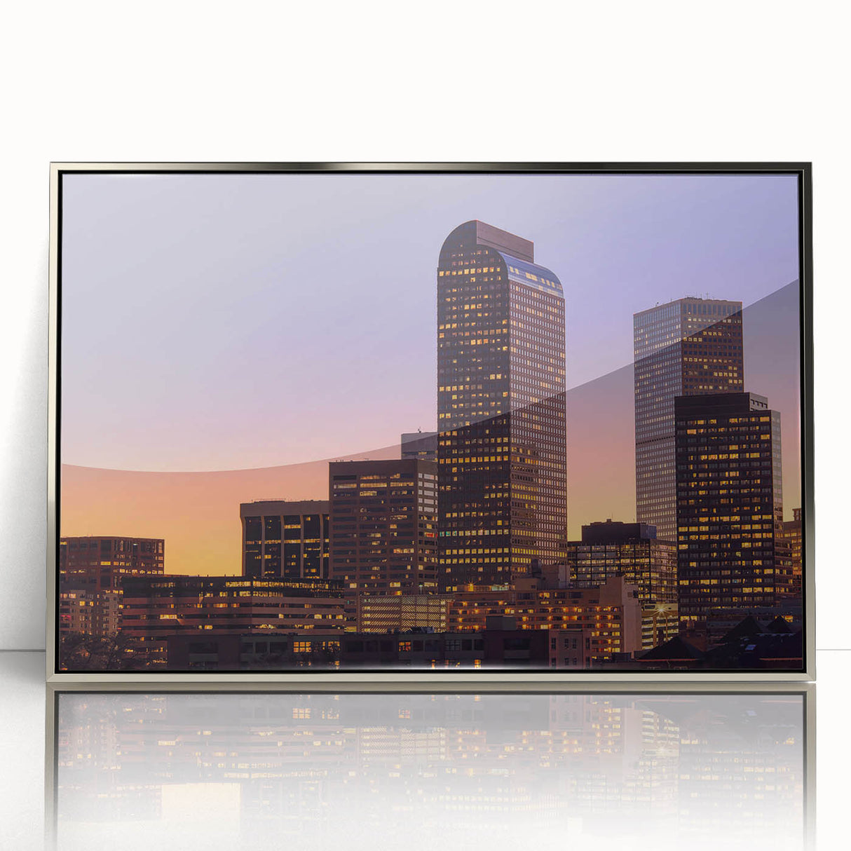 Mid-century modernist art of Denver skyline in muted gray and blue tones on framed acrylic, ideal for nursery wall decor.