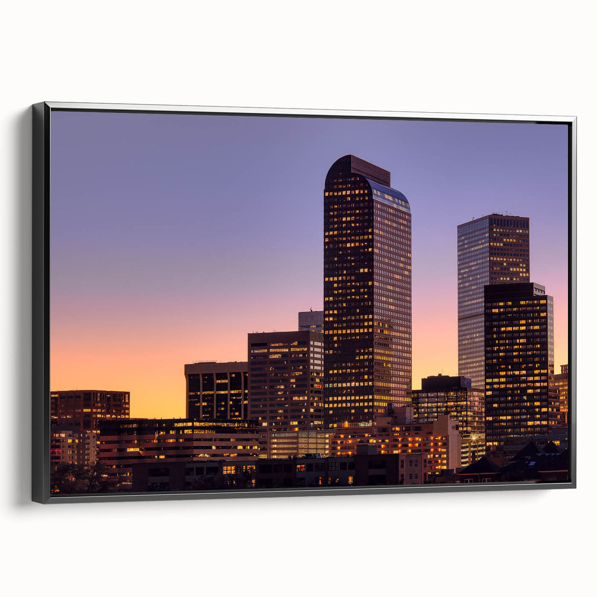 Black and white framed canvas of Denver landscape, ideal for bedroom wall art.