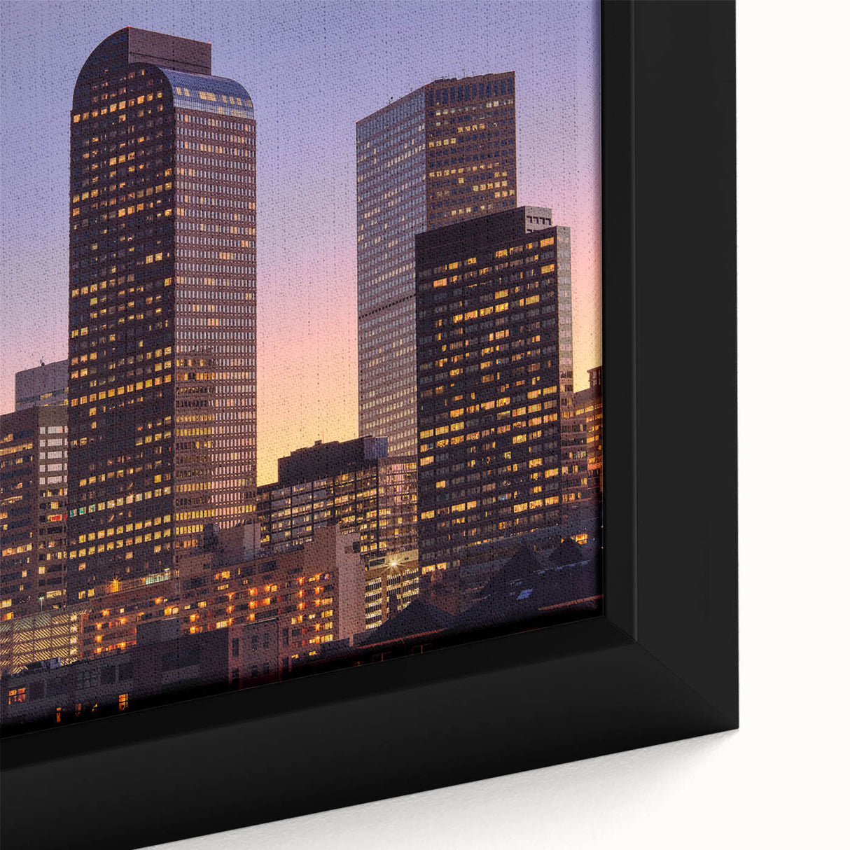 Extra large framed canvas of a textured, colorful depiction of the Denver skyline, ideal for living room decor.