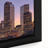 Extra large framed canvas of a textured, colorful depiction of the Denver skyline, ideal for living room decor.