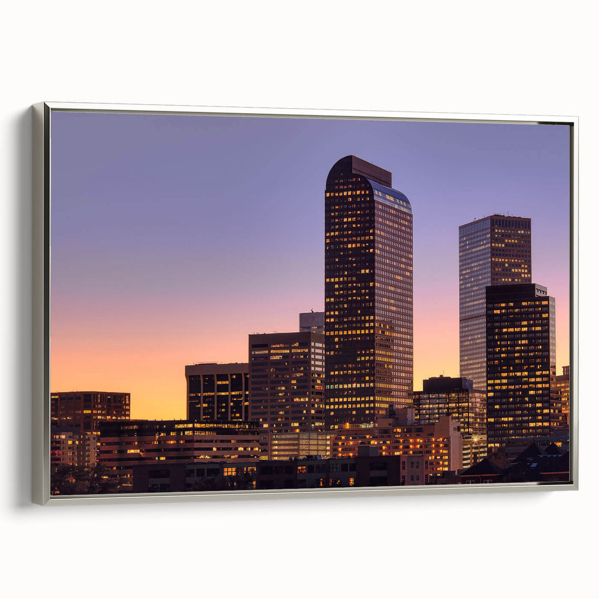 Framed canvas featuring a vintage-style landscape painting of Denver, Colorado.