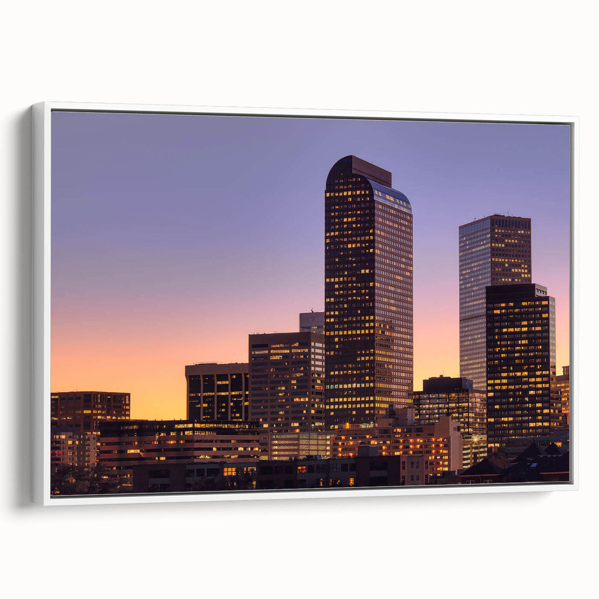 Vintage poster art of Denver skyline in colorful palette on extra large framed canvas, ideal for living room decor.