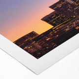 Art deco poster of Denver skyline in muted blue and orange tones on rolled canvas, suitable for dining room wall art.