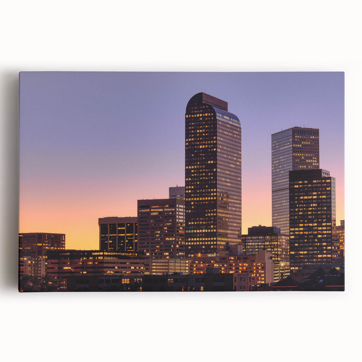 Black and white photograph of Denver skyline on large stretched canvas, ideal for kitchen wall art.
