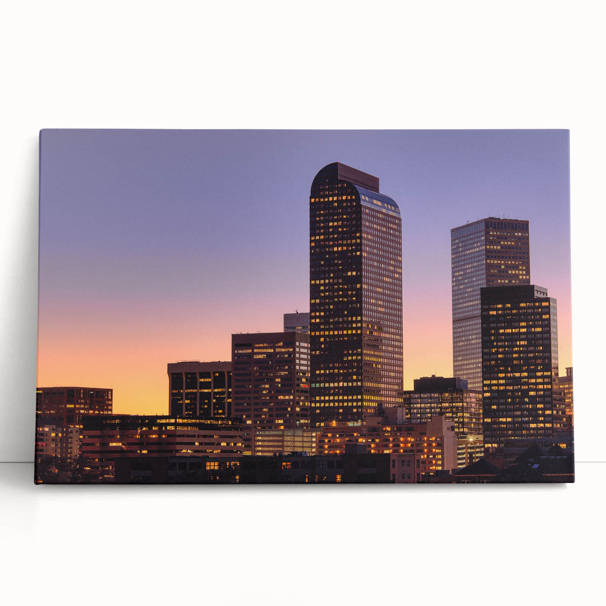 Black and white stretched canvas of Denver skyline, ideal for kitchen wall art or bedroom ambiance.