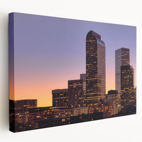 Large art print of Denver skyline in muted earth tones on stretched canvas, suitable for kitchen wall decor.