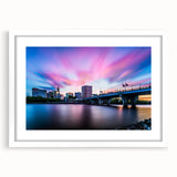 Abstract art print of Connecticut scenery in muted green and blue tones on a framed white mat, ideal for dining room decor.